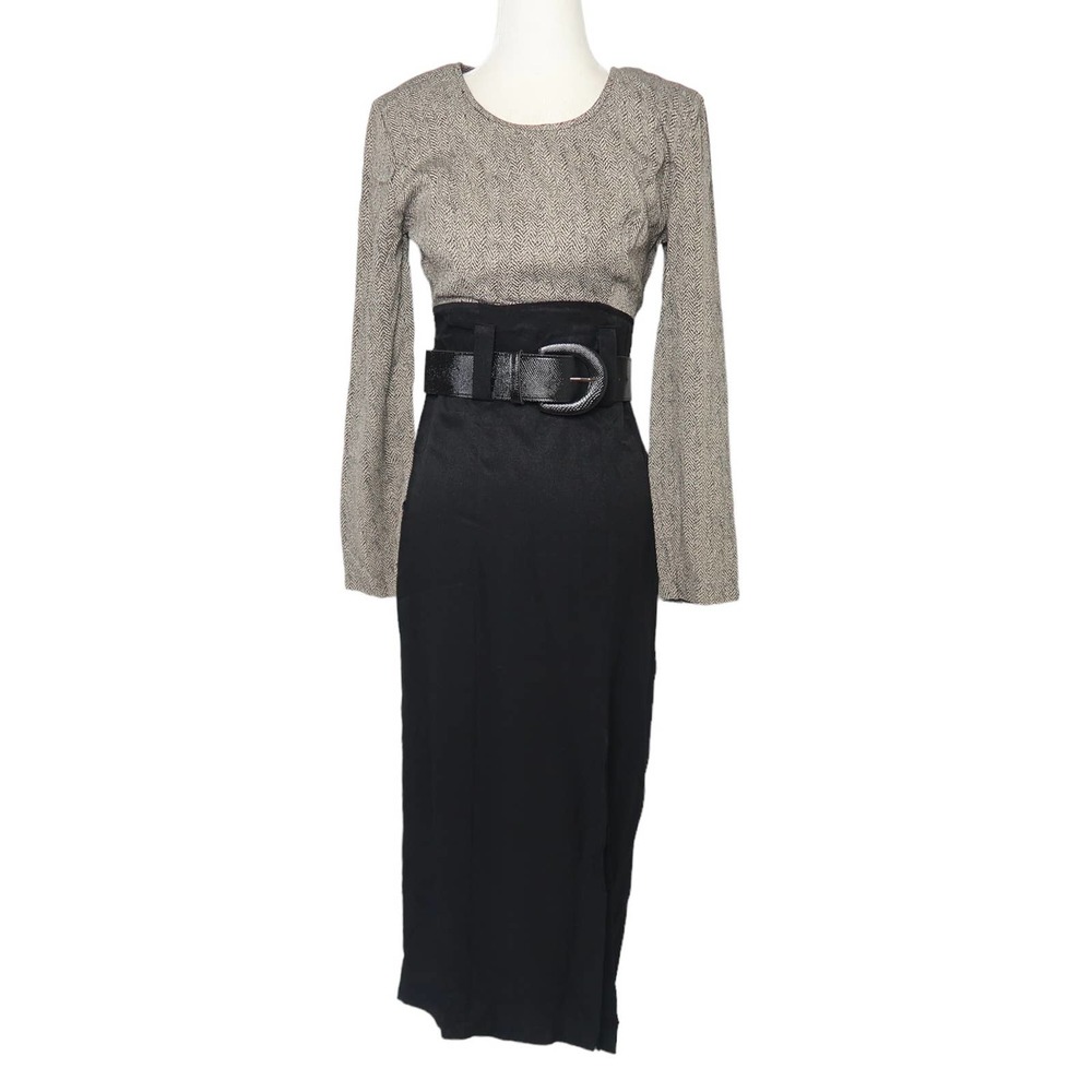 Vintage 80s All That Jazz black and tan herringbone long sleeve midi dress 6